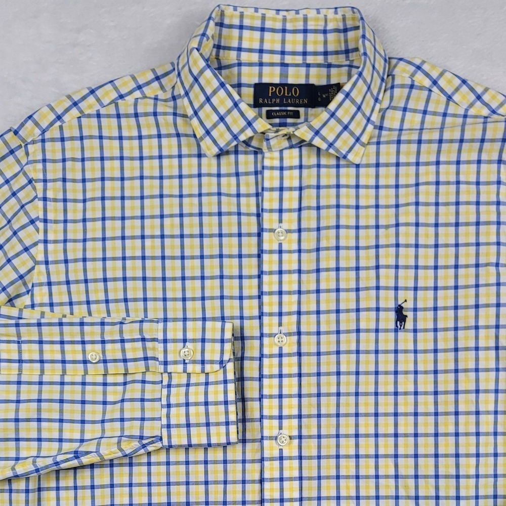 Polo Ralph Lauren Mens Classic Fit Stretch Shirt L Yellow Blue Check Poplin